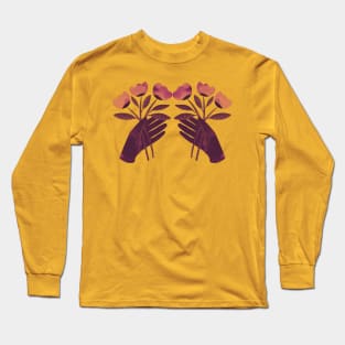 Brown hand with brown orange and pink flowers on yellow Long Sleeve T-Shirt